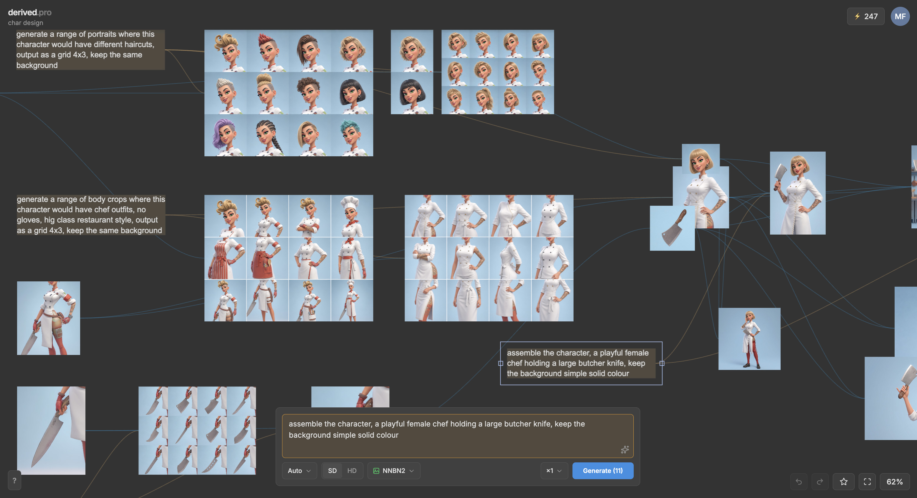 A derived.pro canvas showing character-design lineage — prompts linked to their reference images, with variation grids branching from each prompt